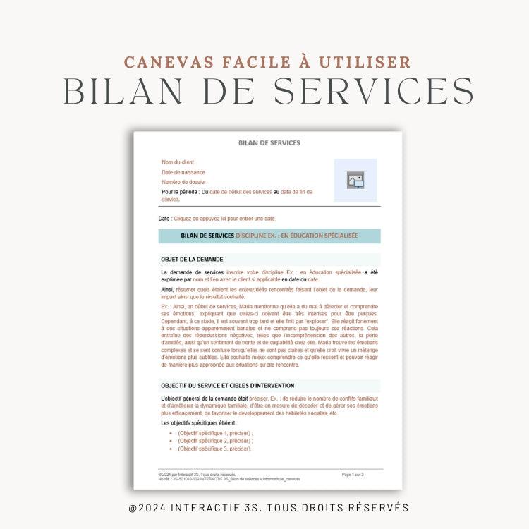 Bilan de services, canevas.  3 p.