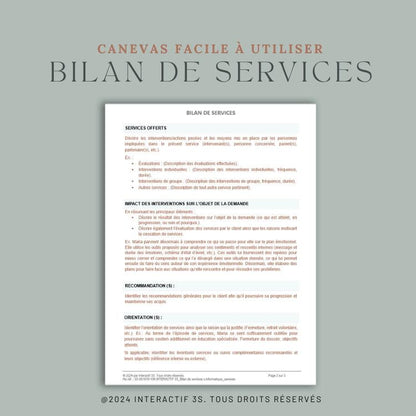 Bilan de services, canevas.  3 p.