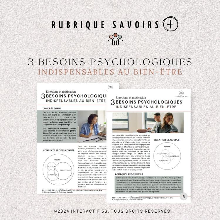 Rubrique SAVOIRS +: Les 3 besoins psychologiques indispensables au bien-être.