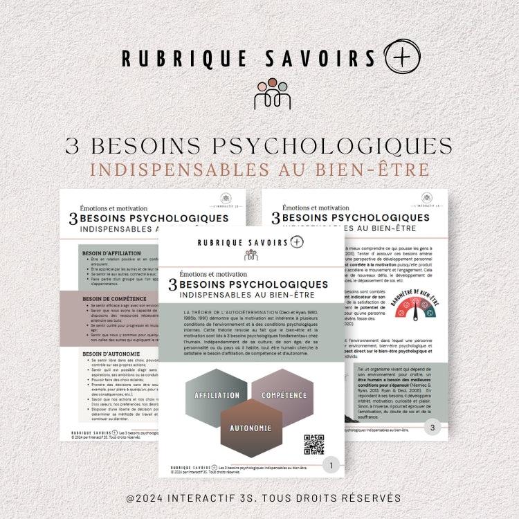 Rubrique SAVOIRS +: Les 3 besoins psychologiques indispensables au bien-être.